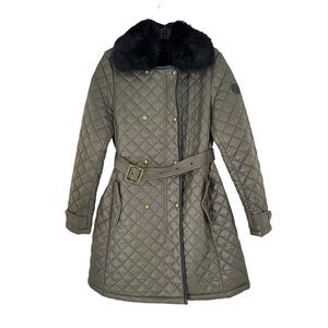 Lauren Ralph Lauren Women's Olive Green Faux‎ Fur-Trim Quilted Coat Long Medium